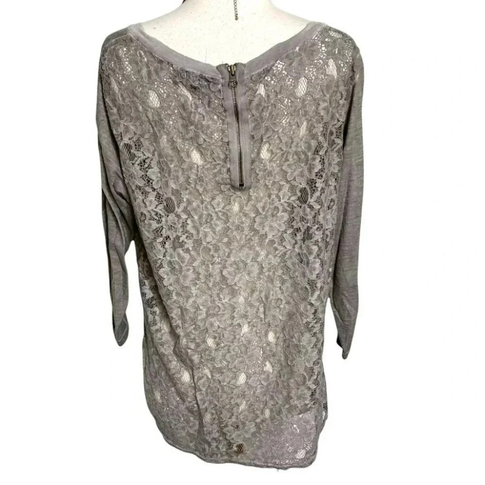 Jeans by Buffalo Knit Top XL Gray Lace Back Exposed Zipper 3/4 Sleeve Scoop Neck